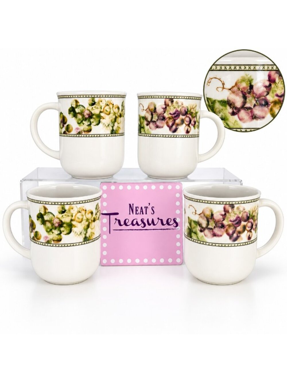 Oneida TUSCAN GRAPES  Cheri Blum  Rim Panels Dot Stoneware 10oz Cups Mugs Set 4